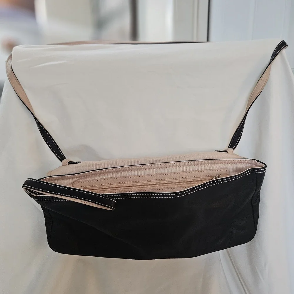 Sigrid Olsen Black Leather Floral Laser Cut Perforated Foldover Clutch Shoulder